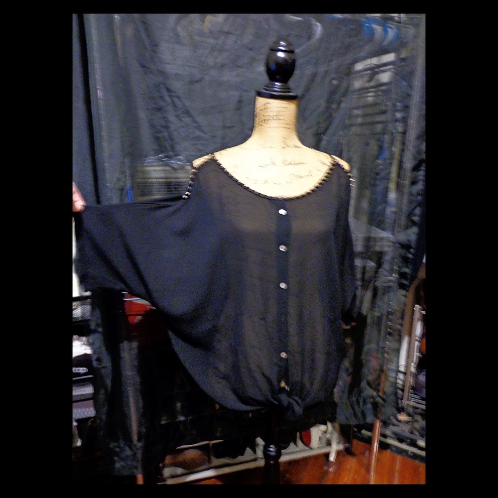 NWOT Vintage Black Semi-sheer gold studded cold shoulder tie front top (sz S/M)